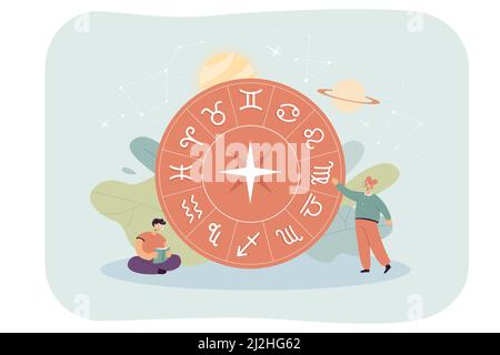 Piccole persone e oroscopo cerchio con segni zodiacali. Stelle, costellazioni e pianeti in illustrazione vettoriale cielo piano. Astrologia, concetto di astronomia f Illustrazione Vettoriale