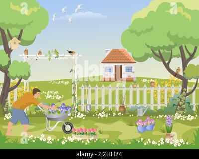 Uomo giardinaggio fiori in un cortile bianco con recinzione bianca e una piccola casa sullo sfondo. Illustrazione Vettoriale