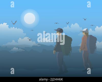 Backpacking maschio e femmina turisti a piedi su una collina con montagne, nuvole, uccelli e cielo blu sullo sfondo. Illustrazione Vettoriale