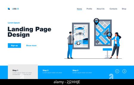 Uomo a noleggio auto. App per la condivisione di auto, mappa della città con puntatori. Consulente grafico vettoriale piatto. Trasporto, concetto di trasporto urbano per banner, web Illustrazione Vettoriale