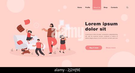 Madre meditating mentre bambini naughty che generano il caos a casa. Bambini maliziosi che corrono in camera, mamma che cerca di mantenere la calma. Illustrazione del vettore cartoon Illustrazione Vettoriale