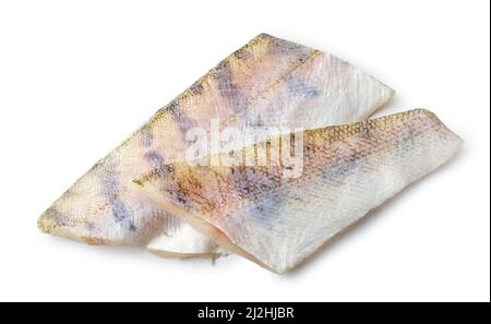 filetto di zander fresco grezzo isolato su sfondo bianco, vista dall'alto Foto Stock