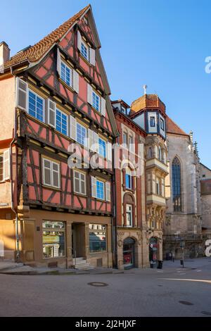 Tradizionali case a graticcio nel pittoresco centro storico di Tübingen. Baden-Württemberg, Germania. Foto Stock