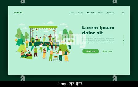 Festival di musica rock all'aperto. Persone che hanno festa nel parco, cucina cibo, ascolto di concerto. Illustrazione cartoon per evento musicale, divertimento acti Illustrazione Vettoriale