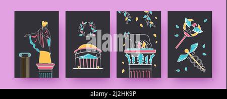 Set di poster d'arte contemporanea con simboli dell'impero romano. Pantheon, illustrazioni vettoriali capitoline su lupo, sfondo nero. Concetto di Roma antica per Illustrazione Vettoriale