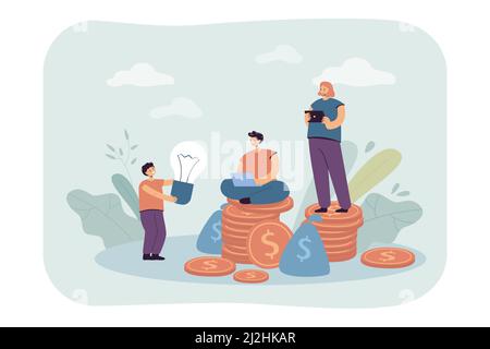 Figlio che dà idea ai genitori con soldi e gadget. Capretto che tiene la lampadina, la madre ed il padre sulle pile delle monete flat l'illustrazione del vettore. Budget per famiglie Illustrazione Vettoriale