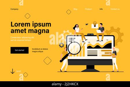 Minuscoli analisti che lavorano con dati su dashboard isolato flat vettoriale illustrazione. Cartoon lavoratori ufficio che studiano strategia di ricerca. Analisi dei dati e m Illustrazione Vettoriale