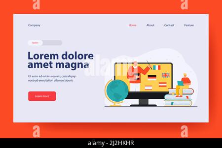 Uomo piccolo che impara le lingue straniere online. Illustrazione vettoriale piatta. Studente seduto su libri giganti con il computer, avendo lezione su Internet. Online Illustrazione Vettoriale