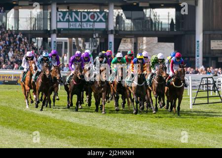 Aintree, Liverpool, Regno Unito 6th aprile 2019. 13:45 Grande incontro Nazionale. Corridori e cavalieri nella Gaskells handicap Hricdle (grado 3) (Classe 1) (4YO Plus). Foto Stock