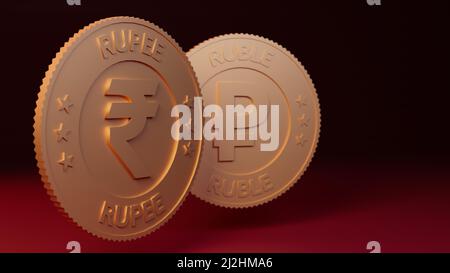 Moneta indiana e moneta russa rublo. Rupee ruble concetto commerciale. 3D illustrazione del rendering. Foto Stock