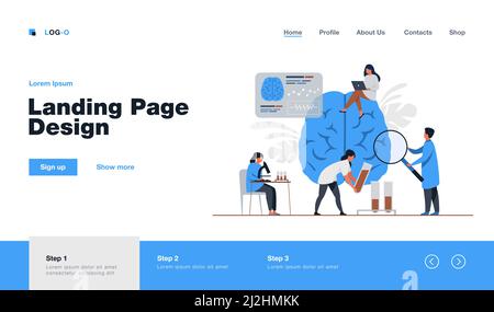 I medici che fanno la ricerca medica sul cervello umano ed analizzano i campioni di sangue. Scienziati che studiano cervello e memoria, raccogliendo dati. Illustrazione vettoriale per Illustrazione Vettoriale