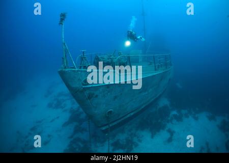 Subacqueo al naufragio Navy nave Pinar i, TCGY111, Bodrum, Aegaeis, Turchia, Mare Mediterraneo Foto Stock