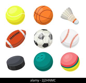 Palline per diverse squadre sportive flat vettore illustrazioni set. Attrezzature per diversi giochi: Calcio, baseball, basket, rugby, pallavolo, tenni Illustrazione Vettoriale