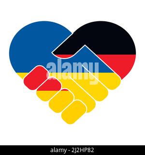 Simbolo della stretta di mano nei colori delle bandiere nazionali della Germania e dell'Ucraina, formando un cuore. Illustrazione Vettoriale