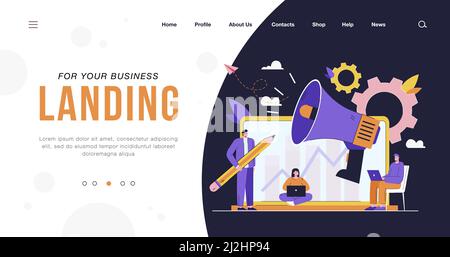 Altoparlante aziendale con altoparlante e promozione media marketing. Illustrazione del vettore cartoon. Piccoli manager con un notebook gigante e un megafono che fanno autobus Illustrazione Vettoriale