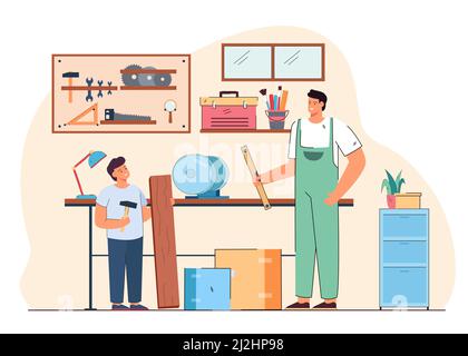 Carpentiere padre insegnare la carpenteria figlio in officina. Papà e ragazzo che lavorano con gli strumenti fai da te in garage interno di illustrazione vettoriale piatto. Carpenteria e joi Illustrazione Vettoriale