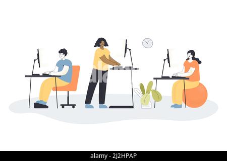 I dipendenti di cartoon uomo e donna che lavorano in un'area moderna con mobili ergonomici e computer. Diverse persone in piedi e seduti su scrivanie vecto Illustrazione Vettoriale