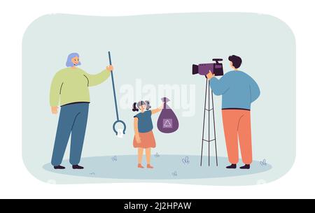 Cameraman che spara madre e figlia che raccoglie spazzatura. Uomo filmando reportage circa riciclaggio flat vettore illustrazione. Televisione, ecologia con Illustrazione Vettoriale