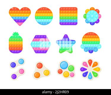 Set di illustrazioni vettoriali colorate pop e semplici dimple giocattolo. Giochi di fidget sensoriali popolari di forme diverse, gadget antistress color arcobaleno, g Illustrazione Vettoriale