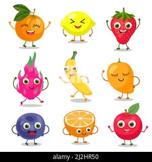 Carino frutta e bacca cartoni animati personaggi set di illustrazioni vettoriali. Fumetti adesivi con divertenti caricature di allegro limone, arancio, mango, fragola pers Illustrazione Vettoriale