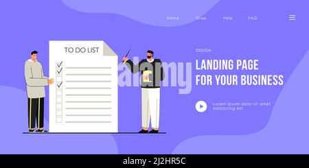 Insegnante di cartoni animati e studente in piedi vicino a gigante per fare lista. Illustrazione vettoriale piatta. Uomo con puntatore e ragazzo giovane che controlla per fare elenco. Pianificazione, ti Illustrazione Vettoriale