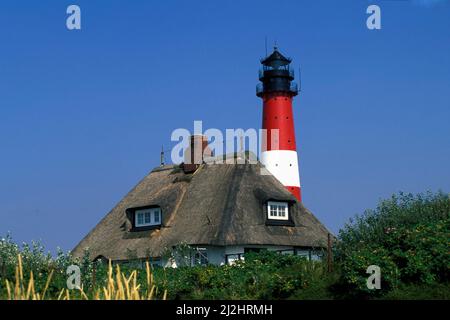 Faro a Hörnum, Sylt isola, Schleswig-Holstein, Germania, Europa Foto Stock