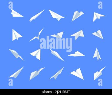 Aeroplani volanti di carta in set di illustrazioni vettoriali di cartoni animati blu cielo. Velivoli bianchi che volano in diverse direzioni isolati su sfondo blu. Io Illustrazione Vettoriale