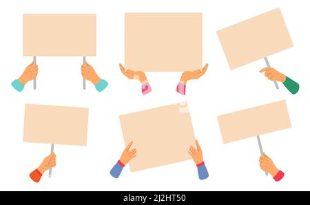 Set di etichette vuote per le mani. Illustrazioni vettoriali di attivisti con striscioni di carta vuoti. Gruppo di persone cartoni animati che mostrano poster in dimostrazione Illustrazione Vettoriale