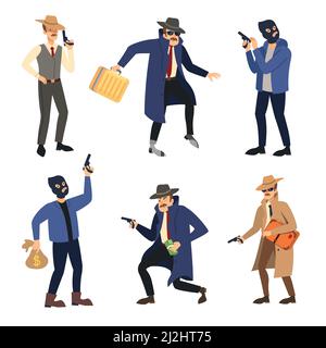 Set di caratteri gangster. Illustrazioni vettoriali di fumetti criminali con cappello o maschera nera. Boss cartoon mafia con valigia denaro, bandit killer con pi Illustrazione Vettoriale