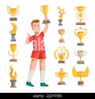 Coppe Golden trofeo di forma diversa per sport o competizioni cartoon vettore illustrazione set. Felice vincitore ottenere trofeo d'oro in premio. Premio aw Illustrazione Vettoriale