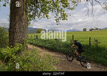 JARRIE, FRANCIA, 24 aprile 2019 : in bicicletta su un sentiero di campagna tra i campi con montagna innevata sullo sfondo. Foto Stock