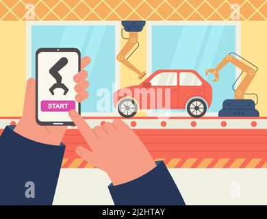 Le mani dell'operatore di produzione che controlla il processo tramite smartphone. Ingegnere che utilizza app per la gestione wireless di flat vettoriale illustrat per la produzione di auto Illustrazione Vettoriale