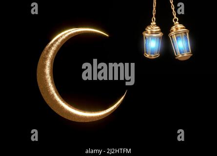 Un 3D reso Ramadan Kareem sfondo di saluto islamico con Lanterna d'oro luci Foto Stock