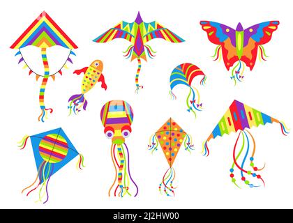 Kites di diversi tipi di illustrazioni vettoriali set. Disegni di giocattoli di vento volanti su corda di forme diverse per i bambini: Farfalla, calamari, pesce isolato Illustrazione Vettoriale