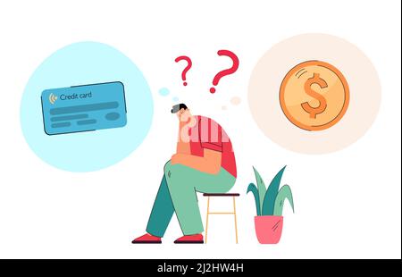 Personaggio fumetto maschile che pensa alla carta di credito e moneta. Uomo che sceglie tra contanti e carta di debito flat vettore illustrazione. Finanze, finanza e finanza Illustrazione Vettoriale