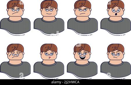 Espressioni facciali uomo d'ufficio. Carino uomo con varie emozioni vettore illustrazione piatta. Illustrazione Vettoriale