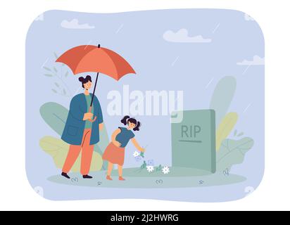 Madre e figlia in piedi alla testa sotto ombrello sotto la pioggia. Bambina che mette i fiori su grave illustrazione vettoriale piatta. Dolore, morte, famiglia Illustrazione Vettoriale