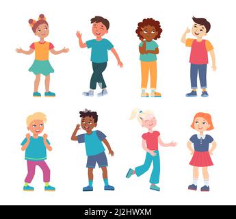 Set multiculturale per bambini felici. Illustrazioni vettoriali di diversi personaggi giovani. Cartone animato internazionale ragazzi e ragazze in diversi costumi isolati su Illustrazione Vettoriale