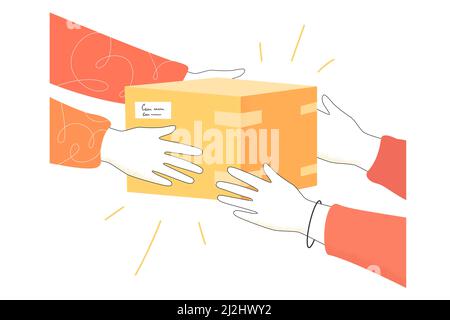 Oggetto in scatola di cartone passato da consegna mani ai clienti su sfondo bianco. Il corriere consegna la confezione regalo all'illustrazione vettoriale piatta del cliente. F Illustrazione Vettoriale