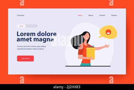 Donna felice che tiene il regalo. Casella di presentazione, bolla vocale, illustrazione vettoriale piatta con la mano di puntamento. Dare regalo, bonus, concetto di sconto per banner, sito web Illustrazione Vettoriale