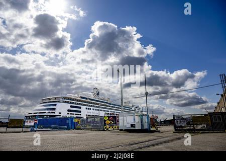 Rotterdam, Paesi Bassi. 2nd Apr 2022. 2022-04-02 12:40:24 ROTTERDAM - nave passeggeri De Volendam della Holland America Line nel Merwehaven a Rotterdam. La nave passeggeri si ancorerà per tre mesi a Merwehaven per essere utilizzata come rifugio di emergenza per i rifugiati ucraini. ANP ROBIN UTRECHT netherlands out - belgium out Credit: ANP/Alamy Live News Foto Stock