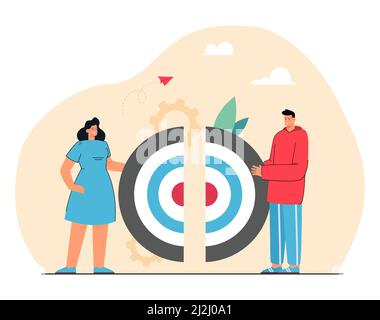Cartoon persone che collegano due pezzi di puzzle bersaglio. L'uomo e la donna che completano la sfida di carriera insieme illustrazione vettoriale piatta. Lavoro di squadra, comune Illustrazione Vettoriale