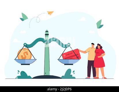 Coppia in piedi accanto a bilance enormi con moneta e carta di credito. Marito e moglie scelgono tra contanti e conto bancario flat vettore illustrazione. Finan Illustrazione Vettoriale