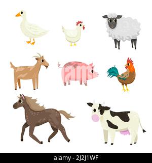 Set di illustrazioni vettoriali di diversi personaggi di animaletto di fattoria. Gallina carina, cavallo, pecora, mucca, maiale, capra, oca, gallo clipart isolato su bianco bac Illustrazione Vettoriale