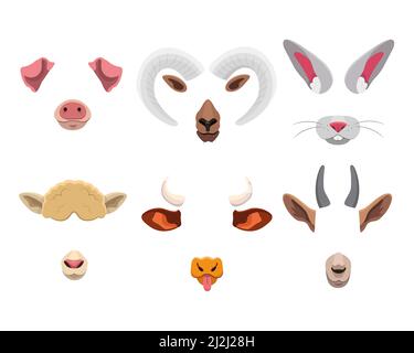 Maschera per il viso animale impostata per l'applicazione mobile. Illustrazione vettoriale di cartoni animati di filtri selfie carini con orecchie divertenti, naso, corna e lingua isolate su wh Illustrazione Vettoriale