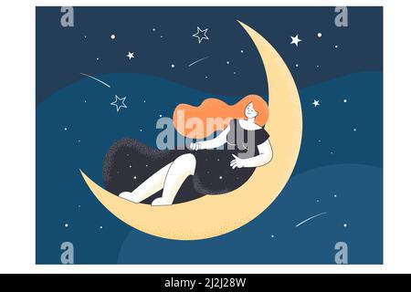 Disegno di una donna che dorme sulla luna di notte. Calma ragazza rilassante, REM o profondo sonno, buon sogno piatta illustrazione vettoriale. Relax, tempo di dormire co Illustrazione Vettoriale