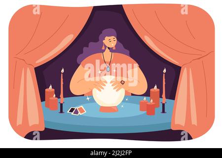 Fortuneteller femminile con sfera di cristallo in tenda. Veggente o mago che predice il futuro, fortuna che dice illustrazione piatta del vettore del servizio. Magia, mistero, come Illustrazione Vettoriale