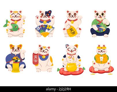 Funny maneki neko cartoon character set di illustrazione vettoriale. Giocattolo tradizionale giapponese, carino gatto figura portando soldi e fortuna isolato su bianco ba Illustrazione Vettoriale