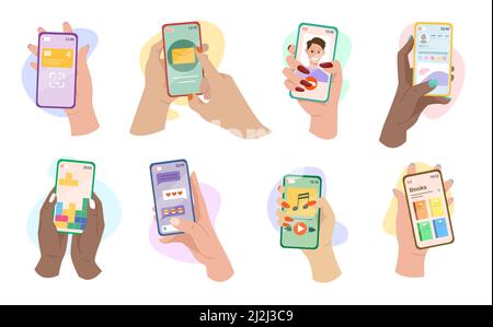 Set di illustrazioni vettoriali per le applicazioni mobili. Fumetto femmina utenti di social media chattando, scrivendo post online isolato su bianco bac Illustrazione Vettoriale