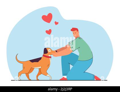 Felice cane proprietario cartoon personaggio cucciolo peting. Uomo e carino doggy disegno vettoriale piatto. Animali domestici, animali domestici, amore, cura, amicizia concetto f Illustrazione Vettoriale